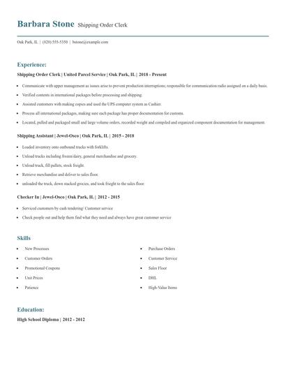 Shipping Order Clerk Resume