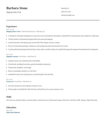 Shipping Order Clerk Resume