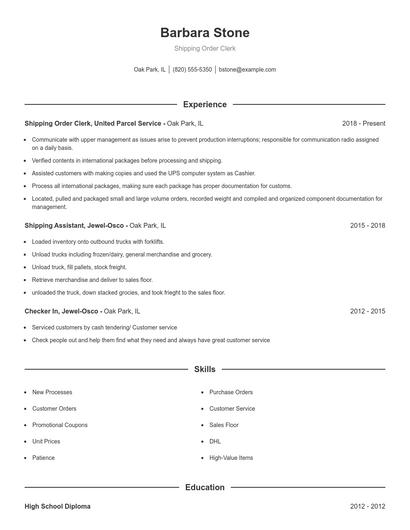 Shipping Order Clerk Resume