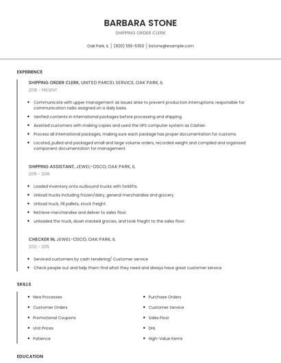 Shipping Order Clerk Resume