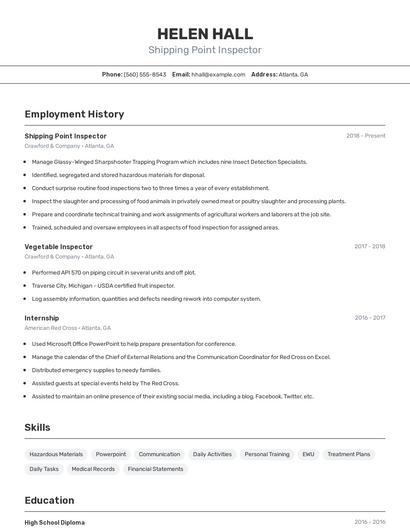 Shipping Point Inspector Resume