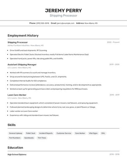 Shipping Processor Resume