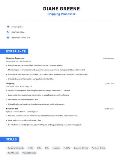 Shipping Processor Resume