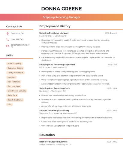 Shipping Receiving Manager Resume