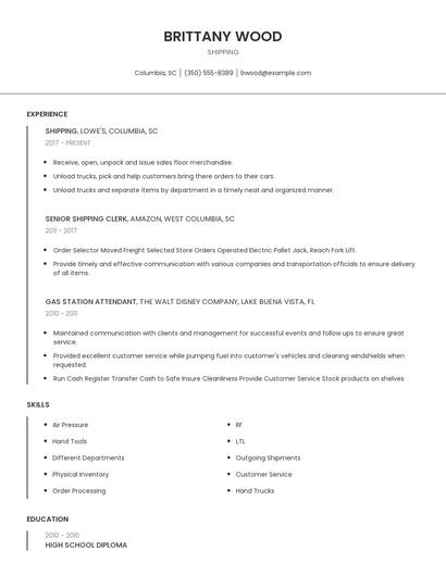 Shipping Resume