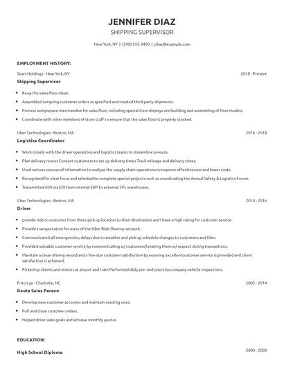 Shipping Supervisor Resume