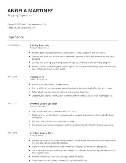 Shipping Supervisor Resume