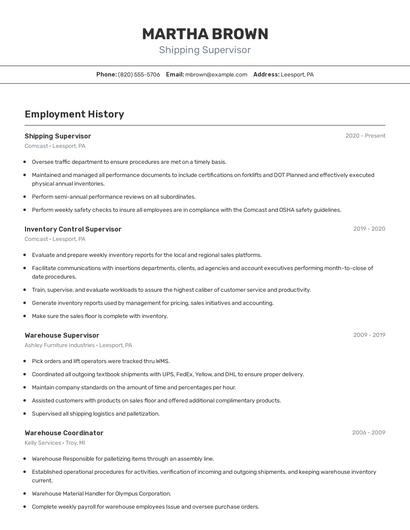 Shipping Supervisor Resume