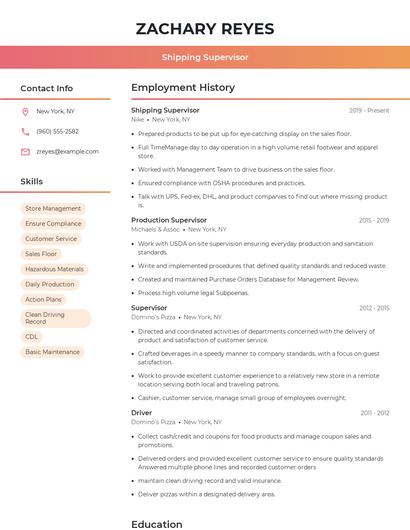 Shipping Supervisor Resume