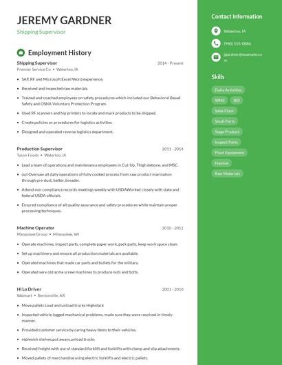 Shipping Supervisor Resume