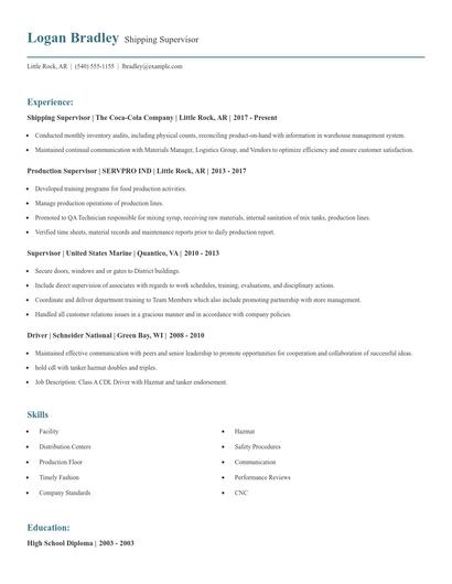 Shipping Supervisor Resume