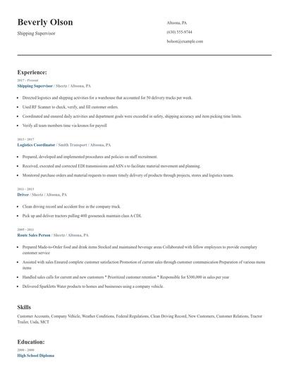 Shipping Supervisor Resume