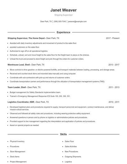 Shipping Supervisor Resume
