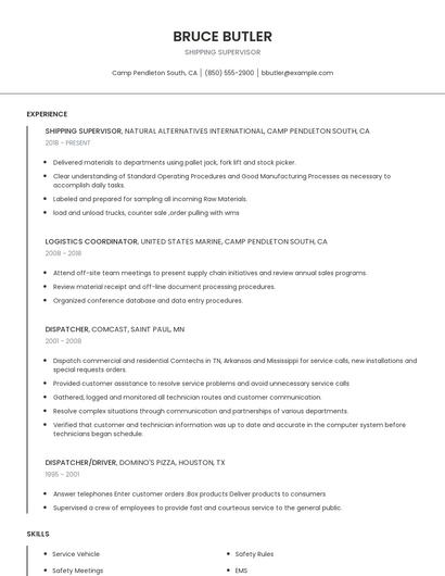Shipping Supervisor Resume