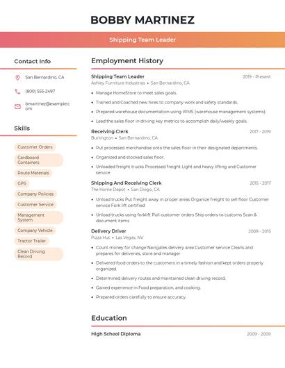 Shipping Team Leader Resume