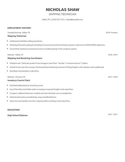 Shipping Technician Resume