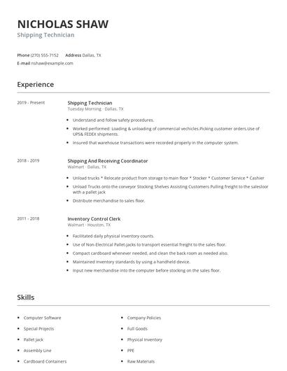 Shipping Technician Resume