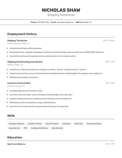 Shipping Technician Resume