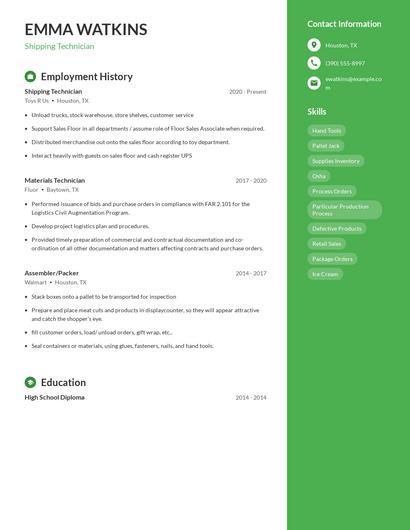 Shipping Technician Resume