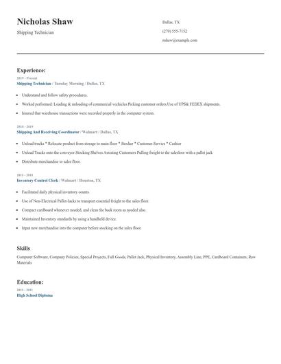 Shipping Technician Resume