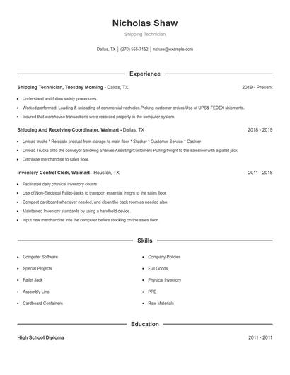 Shipping Technician Resume