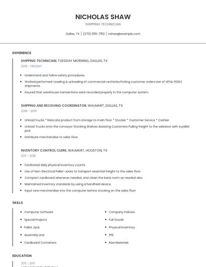 Shipping Technician Resume