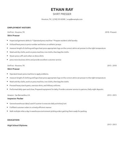 Shirt Presser Resume