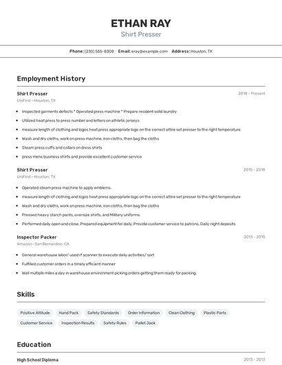 Shirt Presser Resume