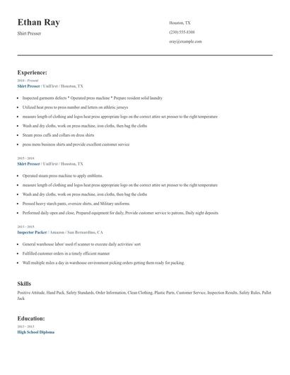 Shirt Presser Resume