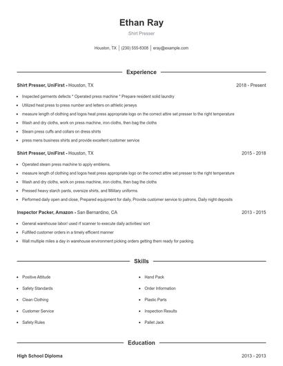 Shirt Presser Resume
