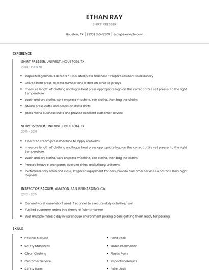 Shirt Presser Resume