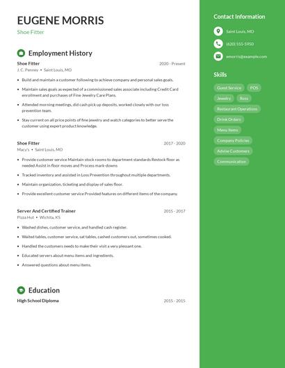 Shoe Fitter Resume