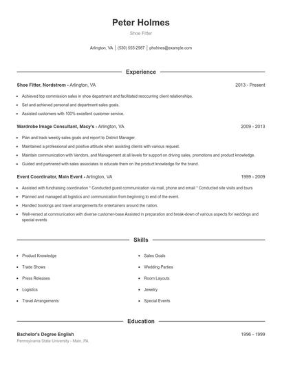 Shoe Fitter Resume