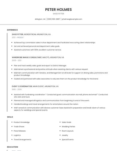 Shoe Fitter Resume