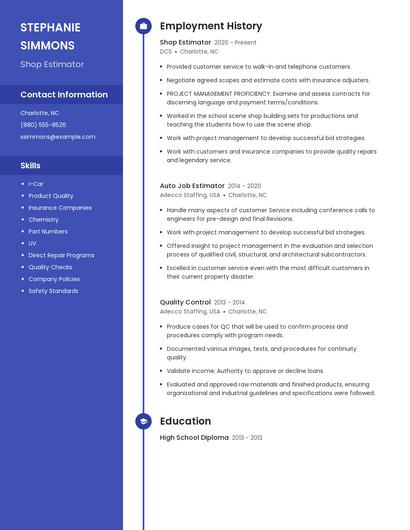 Shop Estimator Resume