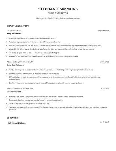 Shop Estimator Resume