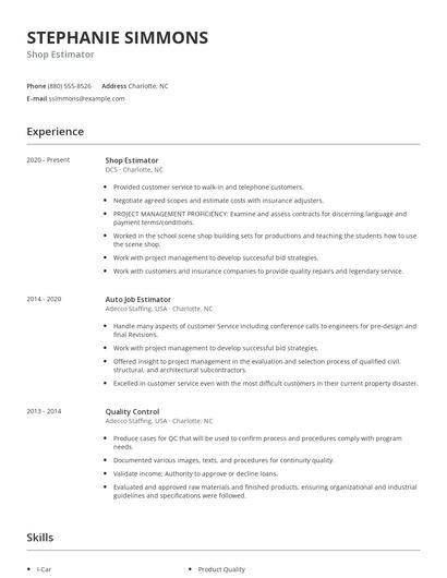 Shop Estimator Resume
