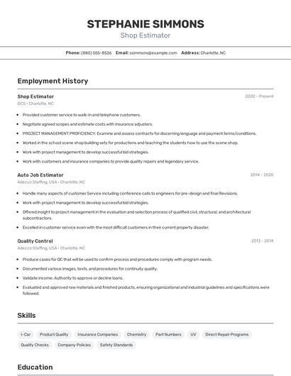 Shop Estimator Resume