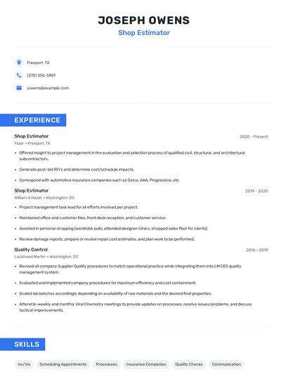 Shop Estimator Resume