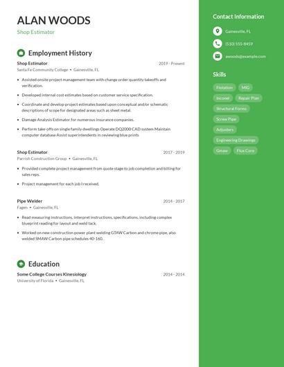 Shop Estimator Resume