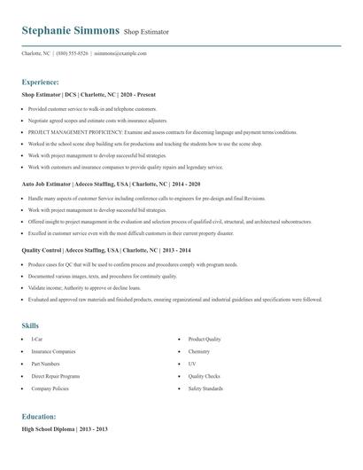 Shop Estimator Resume