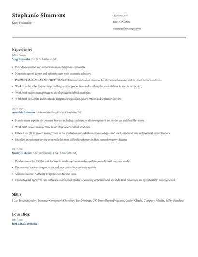 Shop Estimator Resume