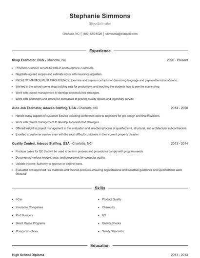 Shop Estimator Resume