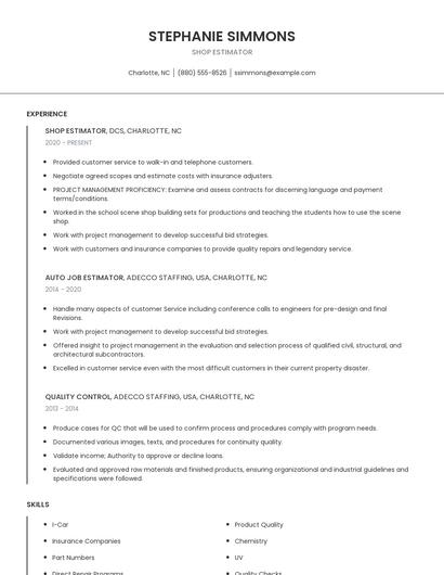 Shop Estimator Resume