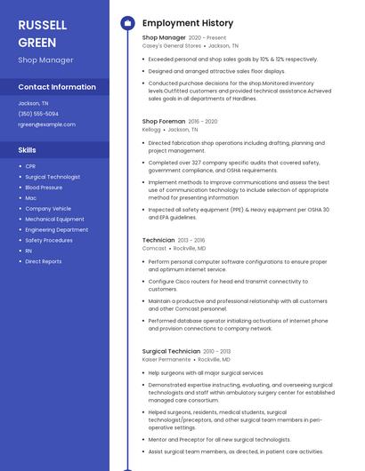 Shop Manager Resume