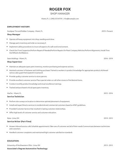 Shop Manager Resume