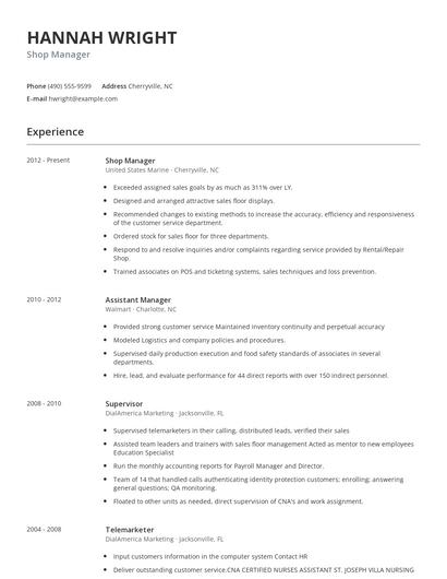 Shop Manager Resume