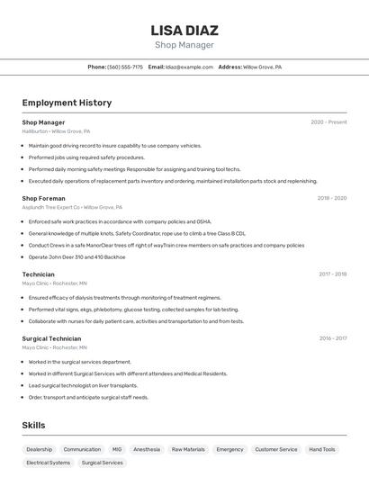 Shop Manager Resume