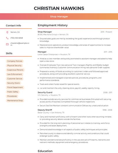 Shop Manager Resume