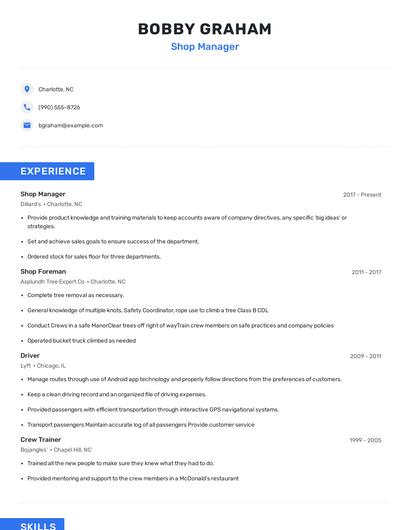 Shop Manager Resume